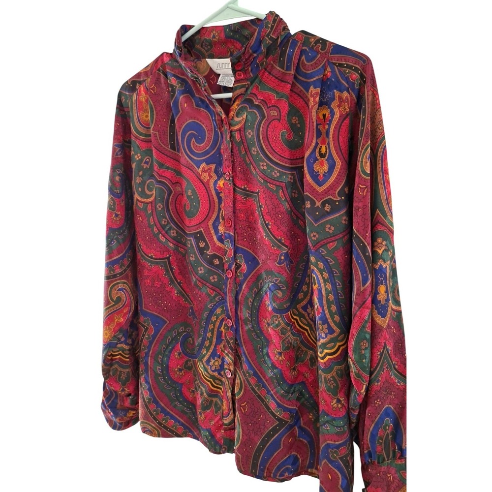Sunny Leigh Top Blouse in Red, Green, and Blue Shirt Women's size 8